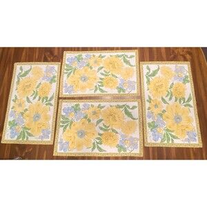 4 Butter Yellow and Blue Floral Grapes Placemats Cloth Great Condition Cottage
